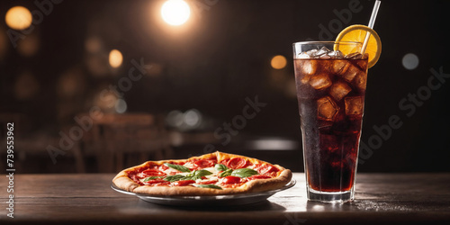 Glass of soft drink and pizza on the table. Generative Ai