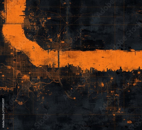 Abstract Cityscape in Orange and Black Modern Artistic Interpretation of Urban Landscape on Monochromatic Background