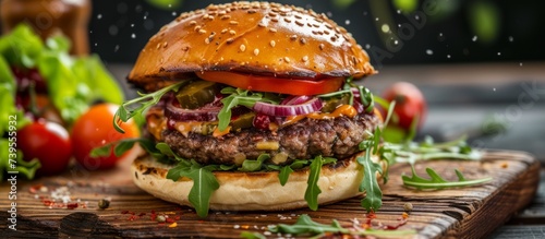 Delicious hamburger with fresh lettuce, juicy meat, and assorted veggies on a sesame seed bun