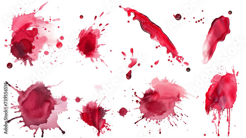 Splattered and smeared red ink, wine or blood blots on white, chaotic and artistic, perfect for backgrounds or creative concepts.