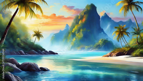 Tropical bay, beauty in nature, tropical island with green palms and mountain. Digital painting
