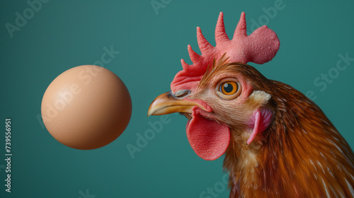 Chicken or egg concept. Brown organic egg floating in front of red hen on green background.