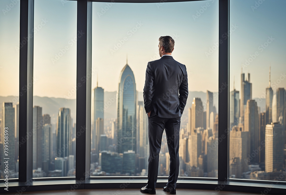 businessman looking at the city from his office window businessman looking at the city from his office window