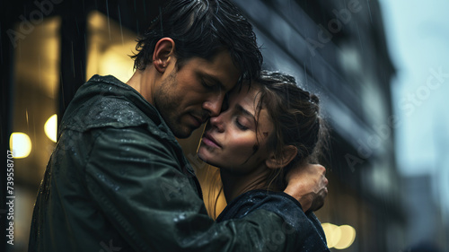Couple in love in the rain on a blurred background. Photo in cinematic style. Generated by artificial intelligence