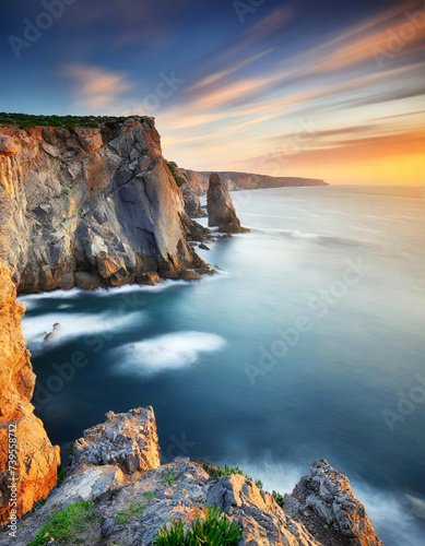 Aerial view top seashore, rocky coast, waves crashing on rock cliff. Blue ocean surface sunny summer