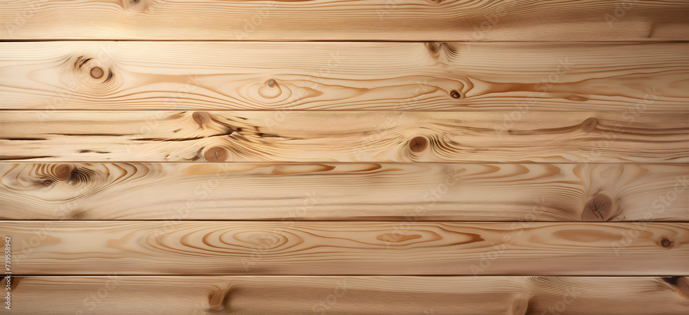 Natural light pine wood planks background. Wooden texture with visible grain and knots. Classic carpentry and interior design concept with space for text.