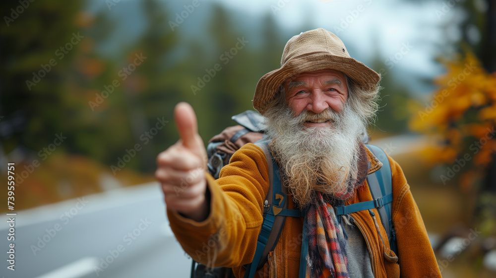 Old man with grey beard showing thumbs up. Hitch hiking on side of the road. Vagabond traveller. Old man with grey beard showing thumbs up. Hitch hiking on side of the road. Vagabond traveller.