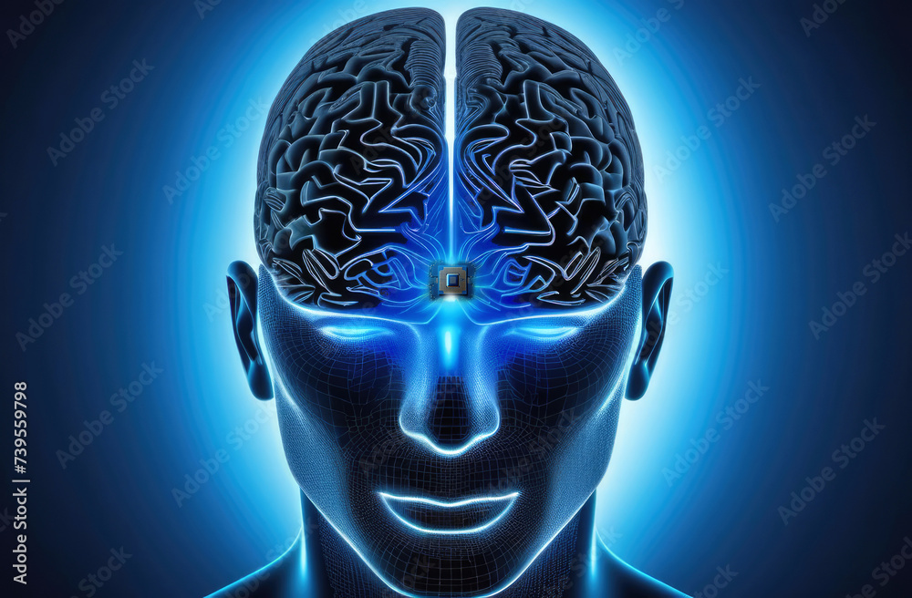 Obraz premium Human brain with microchip. illustration.