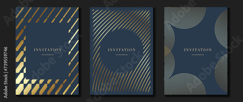 Luxury invitation card background vector. Golden elegant wavy gold line pattern on blue background. Premium design illustration for wedding and vip cover template, grand opening.