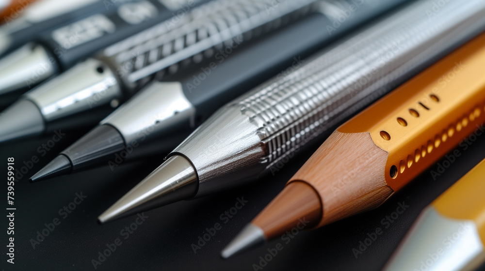 Retractable HB lead mechanical pencils, closeup of tips. Retractable HB lead mechanical pencils, closeup of tips.