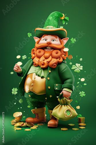 Leprechaun with gold coins and clover. St. Patrick's Day. © Pixelmagic