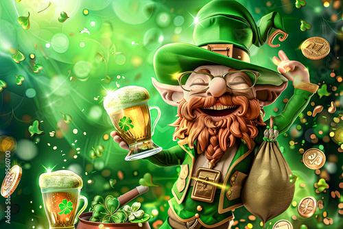 Leprechaun with beer and gold coins on green background. St. Patrick's Day.