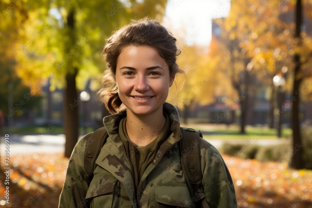 Confident woman in an olive green military-inspired shirt, standing amidst the golden leaves of a city park, city skyline behind her