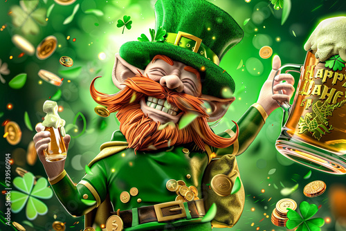 Leprechaun with beer and gold coins on green background. St. Patrick s Day.