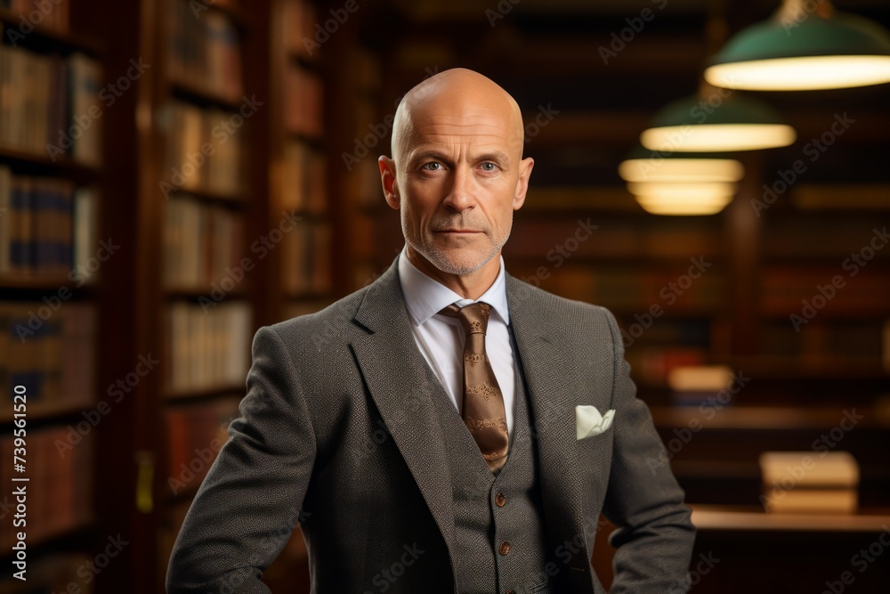 A Commanding Figure: Bald, Middle-aged Man with Striking Eyes and Cufflinks Amidst a Sea of Vintage Literature A Commanding Figure: Bald, Middle-aged Man with Striking Eyes and Cufflinks Amidst a Sea of Vintage Literature