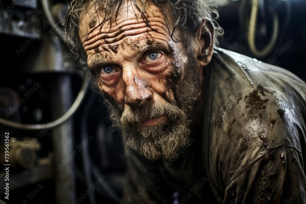 Unsung Hero of the Garage: A Mechanic Hard at Work, His Face Streaked with Grime and Eyes Brimming with Determination Unsung Hero of the Garage: A Mechanic Hard at Work, His Face Streaked with Grime and Eyes Brimming with Determination