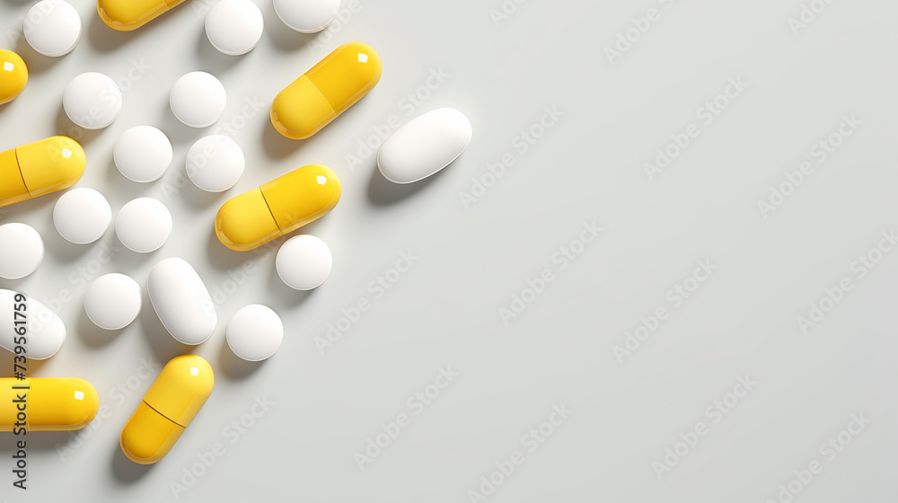 Top view of white and yellow pills on white background with copy space