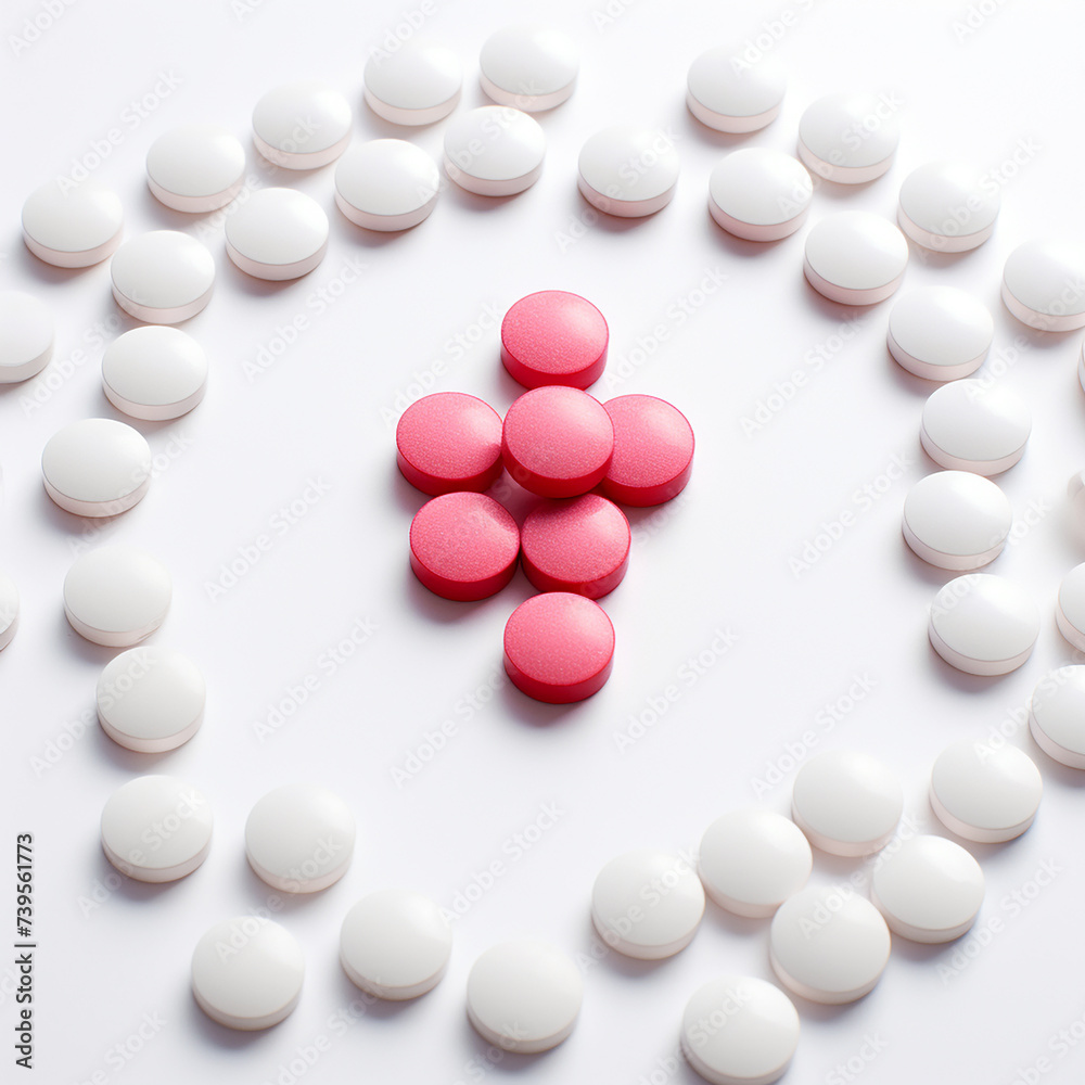 Pink and white pills on white background. Top view with copy space Pink and white pills on white background. Top view with copy space