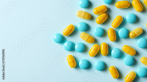 Yellow and blue pills on blue background. Top view with copy space