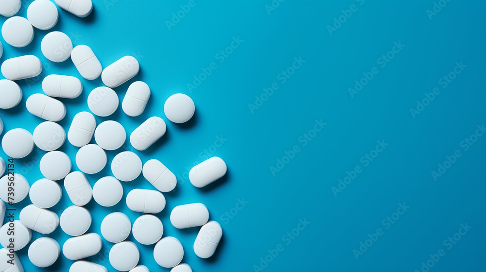 White pills on a dark blue background with copy space, top view