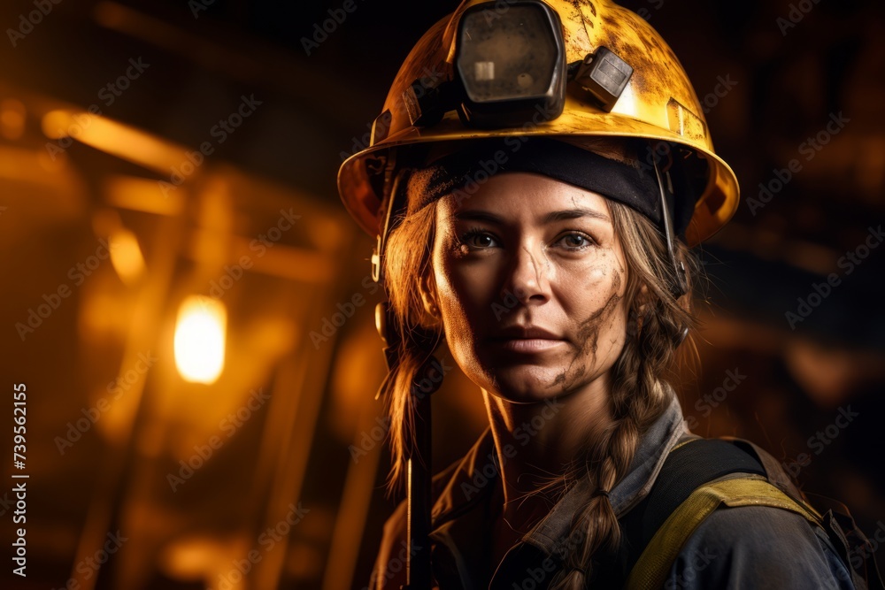 The Face of Female Resilience: A Miner Illuminated by Her Helmet's Light in the Depths of a Coal Mine