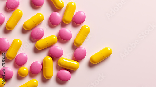 Yellow and pink pills on pink background. Top view with copy space 