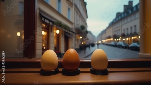  Easter eggs in the cozy cafe window against the backdrop of an old street