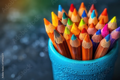 a colorful pencil in the blue cup on a table, in the style of dark turquoise and light orange, vibrant spectrum colors, close up, light crimson and yellow, bright luster, chromatic joy