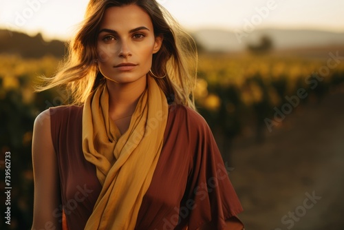 A chic woman in a rust midi dress with a draped scarf, captured against the beautiful backdrop of a vineyard at sunset photo