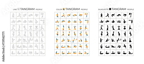 Large set of Tangram puzzle cards for kids. Collection of 42 different people cards. Geometric puzzle for the development of logic. Board game. Lines, color, silhouette. Stock vector illustration.