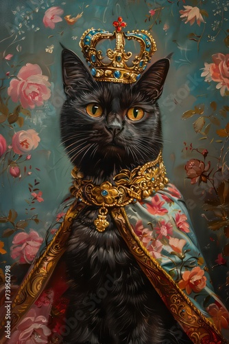 an oil painting portrait of a black short hair cat with big yellow eyes round diluted pupils wearing a crown and cape Cat Queen in the style of rococo realms concept art kushan empire realist photo