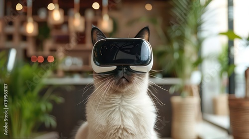 Golden Siamese Cat in minimalistic cafe wears apple vision pro headset in the metaverse learnig about a brands sustainability strategy photo