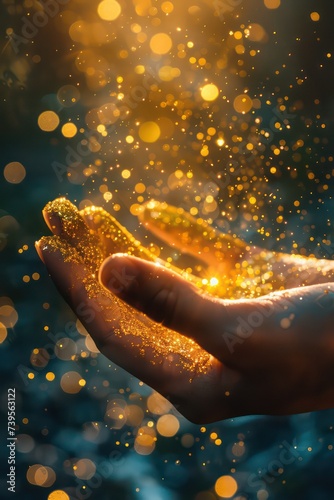 golden sparkles coming out of the person's hands, in the style of vibrant metaphysical, highly imaginative worlds, tenebrism mastery, organic and flowing forms, interactive experiences, intuitive
