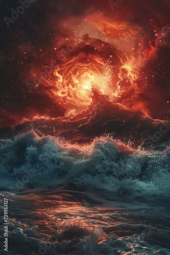 Great Beacon amidst the huge waves of the primordial ocean attack by the red giant kraken Beautiful stars are shining in the sky