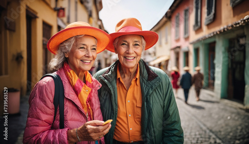 Two elderly tourists, dressed in bright colors and wide-brimmed hats, stop on a cobbled street for a souvenir photo, their eyes shining with excitement. © ginettigino
