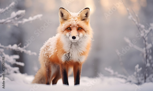 Red fox in the winter forest on the snow. Predatory ginger vulpes with winter fur on a snowy meadow. Photo of winter wildlife animals and nature. Banner for card, poster, print with copy space. © Irina