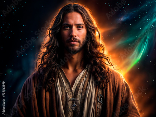 a stunning picture of a Jesus withlong hair. Jewish robe, brown eyes.