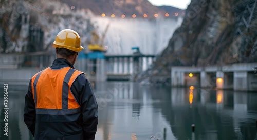 An engineer stands and observes the hydroelectric power plant from the dam. photo