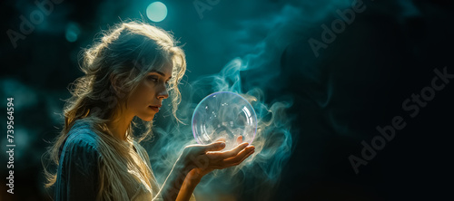 jeune et belle voyante en train de regarder dans une boule de cristal qu'elle tient entre ses mains