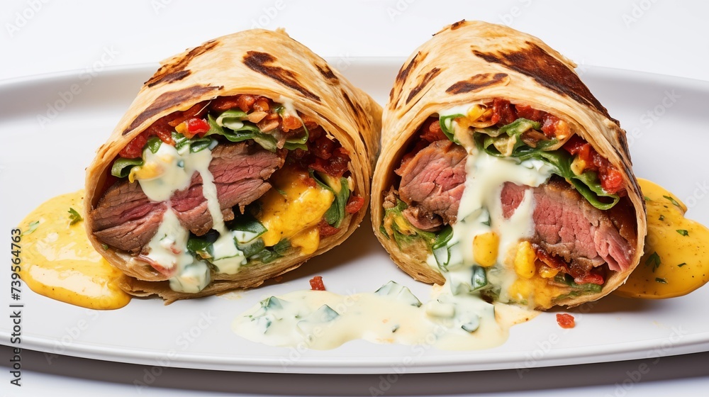 The Beast Wrap, showcasing grilled steak encased in turmeric dough complemented by bbq crunch, blue cheese, marinated green olives, cilantro, and red chili mayo, arranged on a white round plate, viewe