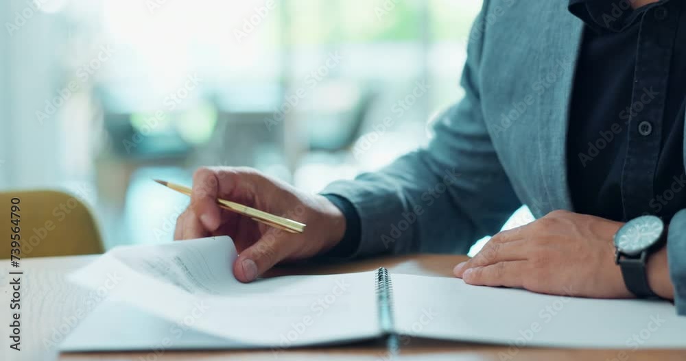 Business hands, documents and signature for legal contract, office agreement or reading terms and conditions. Lawyer, notary or attorney writing information, planning paperwork or policy at law firm