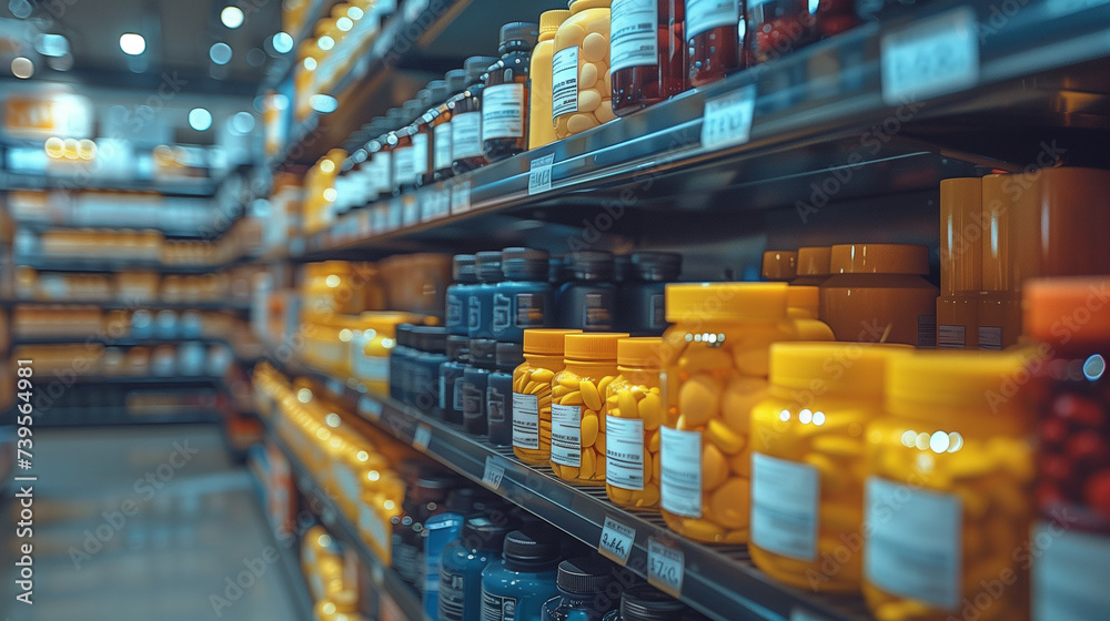 Blurred image of a grocery store shelf filled with bottles and jars