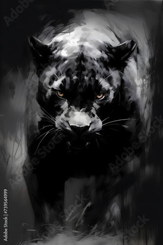 Black and white graphic poster of panther in the jungle. Monochrome illustration of wildlife in the rainforest. Interior modern wall art print design. Template for design card, pattern, banner. © Irina