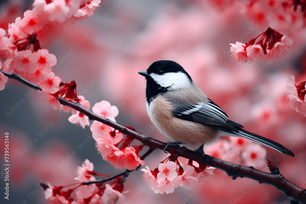 Obraz premium Titmouse sitting on branch of cherry blossom. Blooming sakura with pink flowers in spring season. Hanami festive banner concept. Spring wildlife birds concept. Beautiful Japan nature background.
