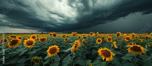 Beautiful field of yellow sunflowers under dramatic stormy sky in the countryside