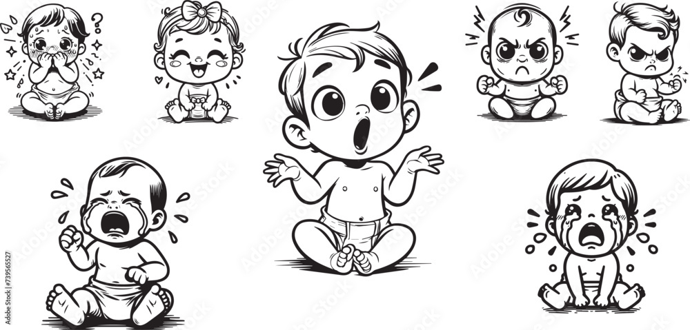 cute set of babies emotions, baby suprised smile happy angry cry, black and white vector graphics,