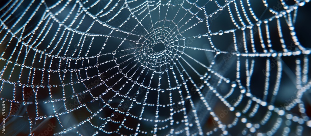 Macro shot of spider web covered in sparkling water droplets on a rainy day