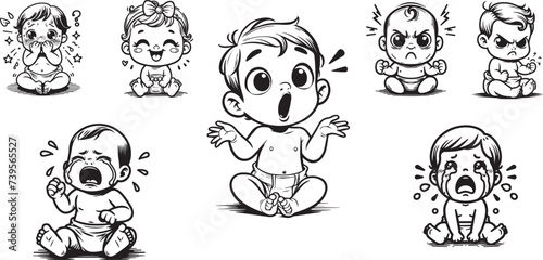 cute set of babies emotions, baby suprised smile happy angry cry, black and white vector graphics, photo