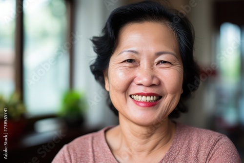 Elegant Asian senior woman smiling in a comfortable home environment. Cheerful Asian Senior Woman with Elegant Smile