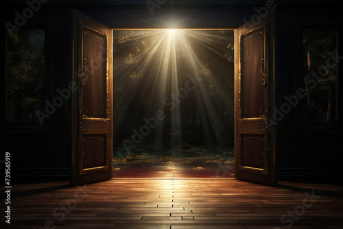 Bright rays are visible from the slightly open door. The door to a better future or paradise. Generated by artificial intelligence